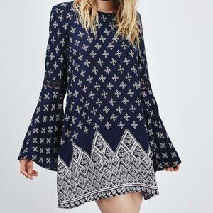 NWOT, Band of Gypsies, boho-chic, bell-sleeves printed tunic mini dress, Size XS